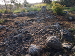 Wall 100, with upright stone at its end, looking northeast.