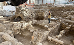 Halls H3–H5, the walls that separate them and the pointed arch at the top of the vault of Hall H3, looking northeast.
